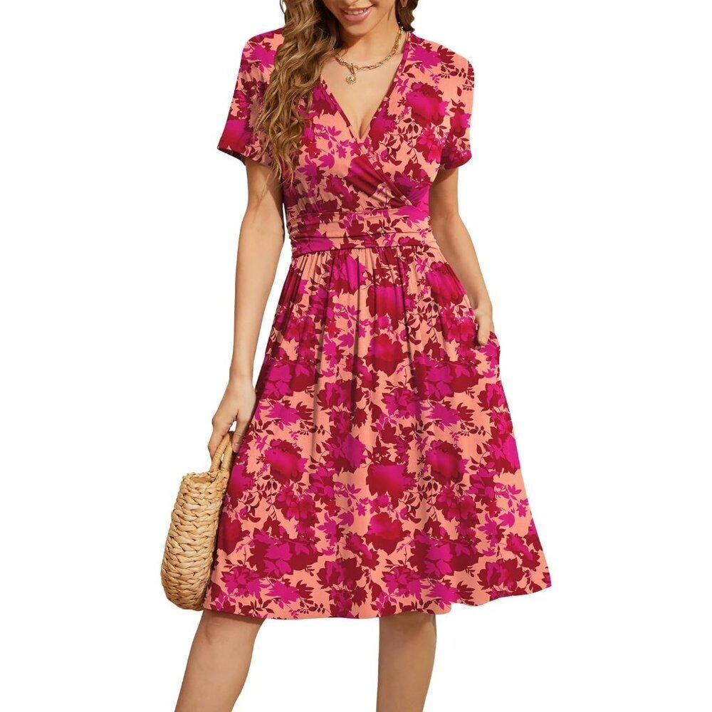 Women Maple Leaf Short Sleeve V-Neck Floral Stretchy Party Dress with Pockets
